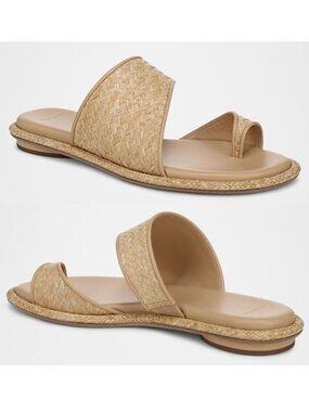 VINCE Lukas Raffia Toe Ring Flat Slide Sandals Size 7 Wheat Leather NEW $295
